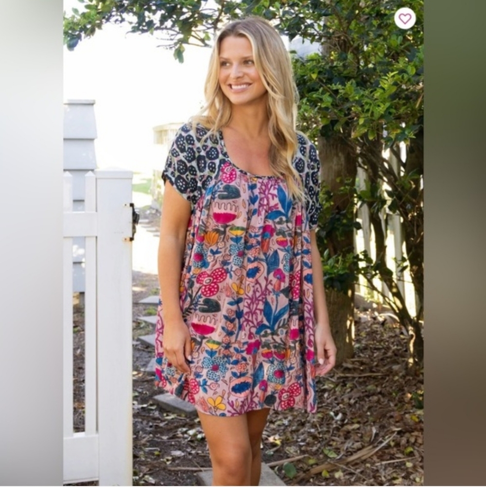 Natural Life Baby Doll Mini Dress Boho Floral Pink Black Oversized XS/S